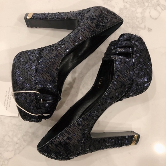 LOUIS VUITTON Dark Midnight Blue Sequin Glitter Sparkle Peep Toe Platform Pumps - Picture 9 of 17